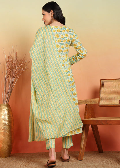 yash gallery womens cotton ankle length notch neck full sleeves floral print anarkali with pant and dupatta