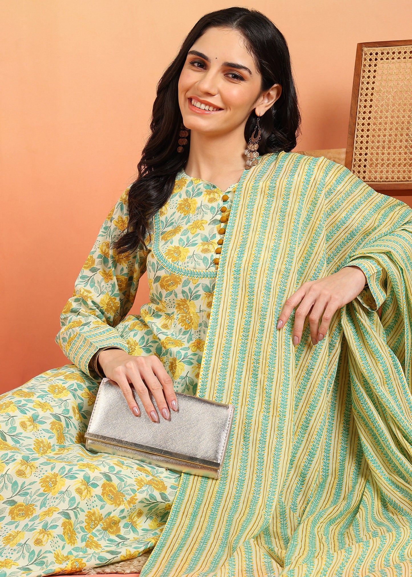 yash gallery womens cotton ankle length notch neck full sleeves floral print anarkali with pant and dupatta