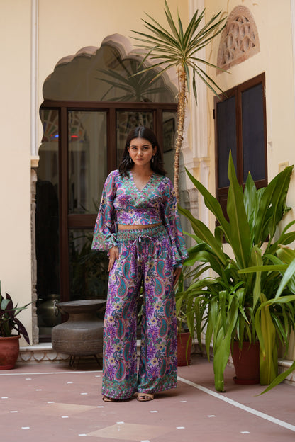 Yash Gallery Women’s Polyester Printed Co-ord Set V-Neck Top with Smocked Waist & Matching Wide-Leg Pants