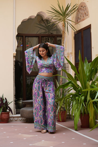 Yash Gallery Women’s Polyester Printed Co-ord Set V-Neck Top with Smocked Waist & Matching Wide-Leg Pants