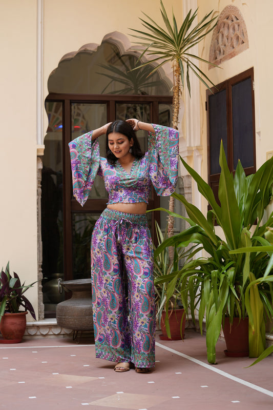 Yash Gallery Women’s Polyester Printed Co-ord Set V-Neck Top with Smocked Waist & Matching Wide-Leg Pants