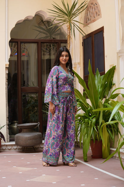 Yash Gallery Women’s Polyester Printed Co-ord Set V-Neck Top with Smocked Waist & Matching Wide-Leg Pants