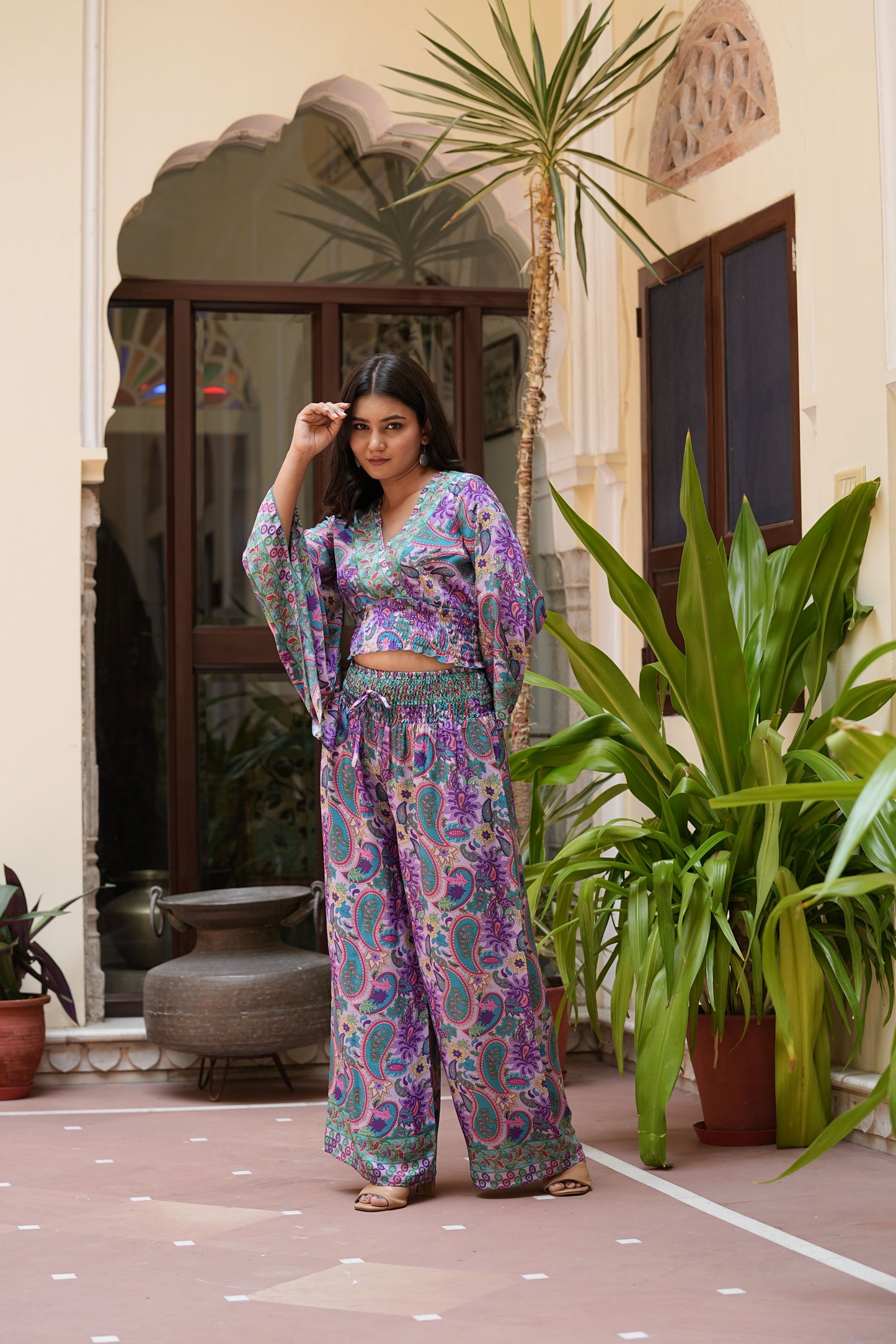 Yash Gallery Women’s Polyester Printed Co-ord Set V-Neck Top with Smocked Waist & Matching Wide-Leg Pants