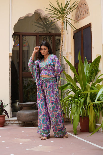 Yash Gallery Women’s Polyester Printed Co-ord Set V-Neck Top with Smocked Waist & Matching Wide-Leg Pants