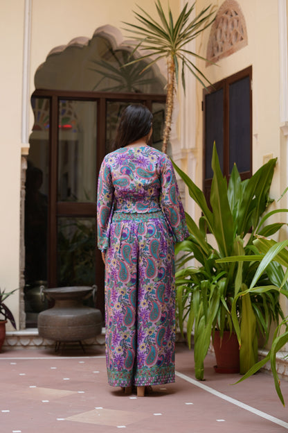 Yash Gallery Women’s Polyester Printed Co-ord Set V-Neck Top with Smocked Waist & Matching Wide-Leg Pants