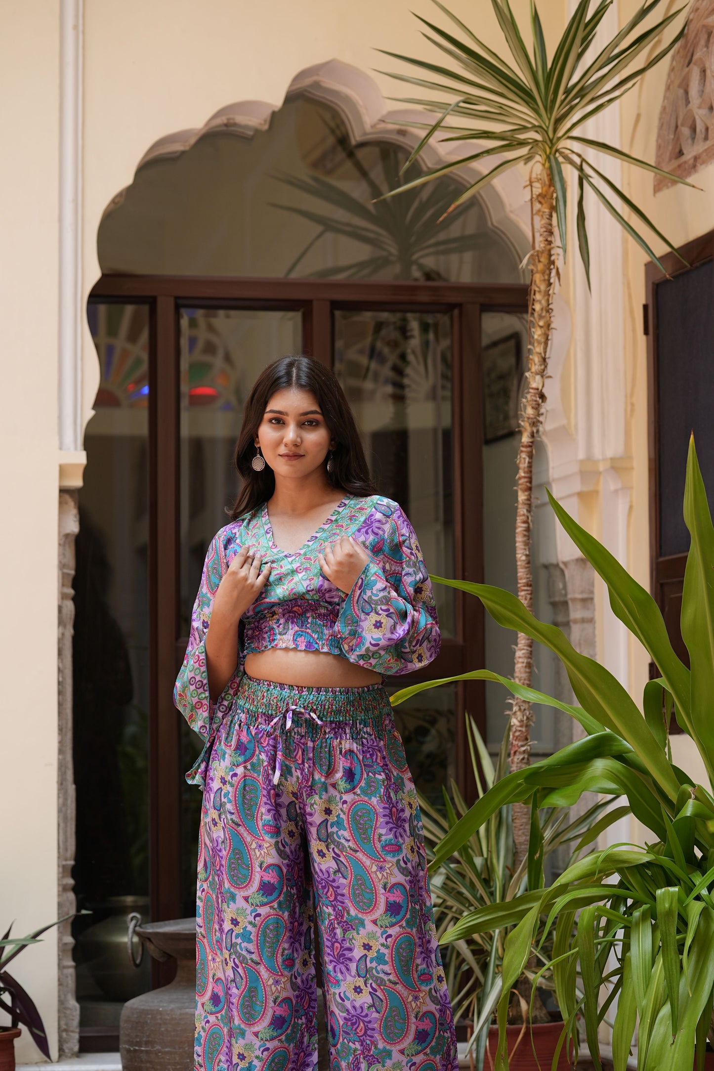 Yash Gallery Women’s Polyester Printed Co-ord Set V-Neck Top with Smocked Waist & Matching Wide-Leg Pants