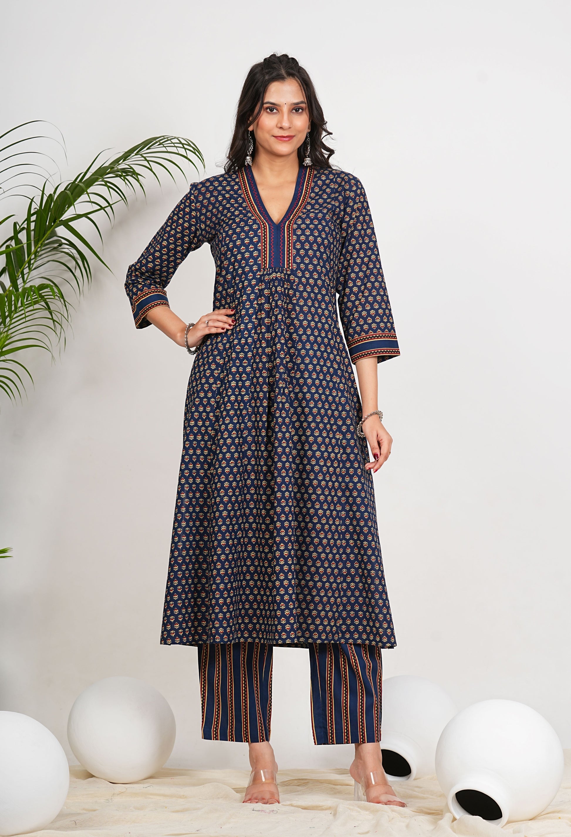 Yash Gallery Women's Printed Cotton Calf Length V-Neck 3/4th Sleeve Straight Kurta Pant And Duptta (Navy)