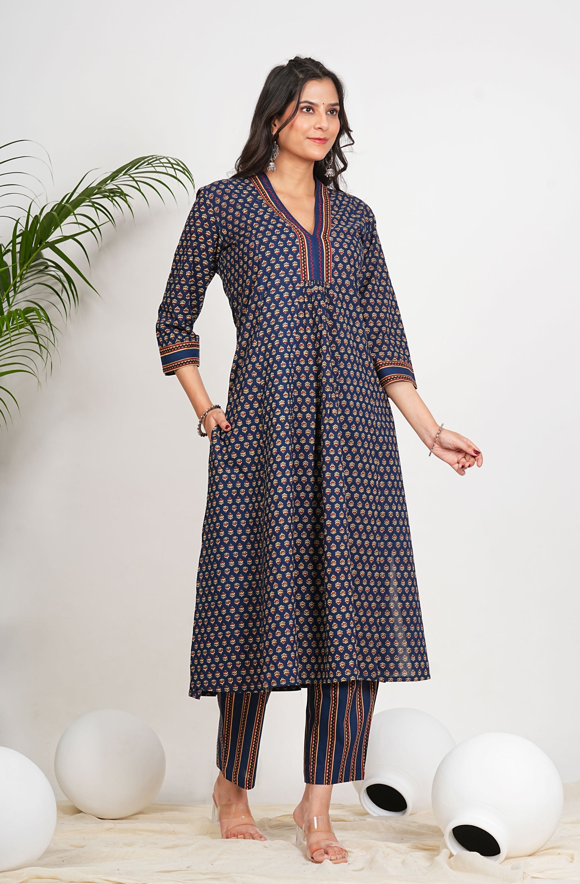 Yash Gallery Women's Printed Cotton Calf Length V-Neck 3/4th Sleeve Straight Kurta Pant And Duptta (Navy)