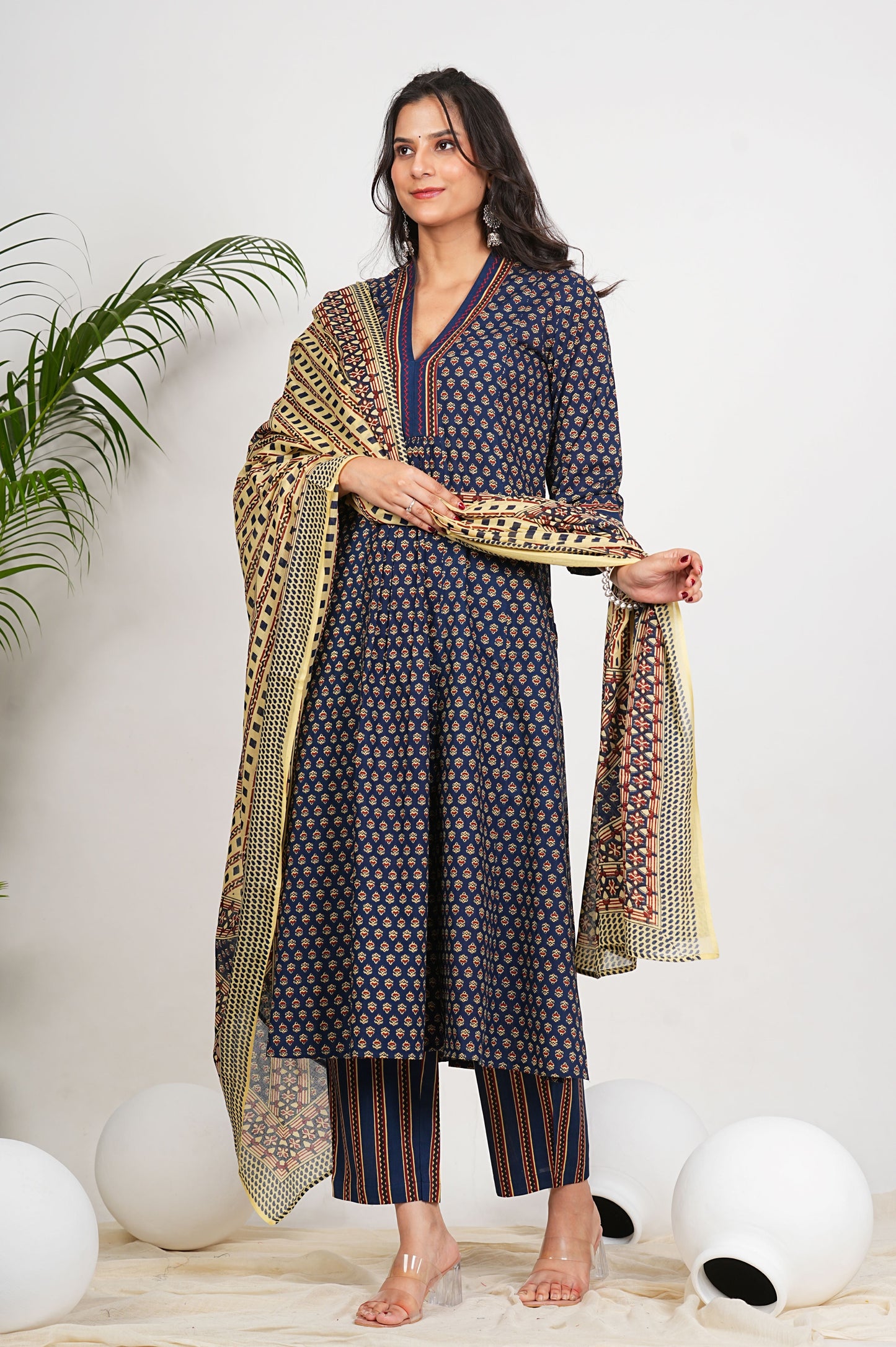 Yash Gallery Women's Printed Cotton Calf Length V-Neck 3/4th Sleeve Straight Kurta Pant And Duptta (Navy)