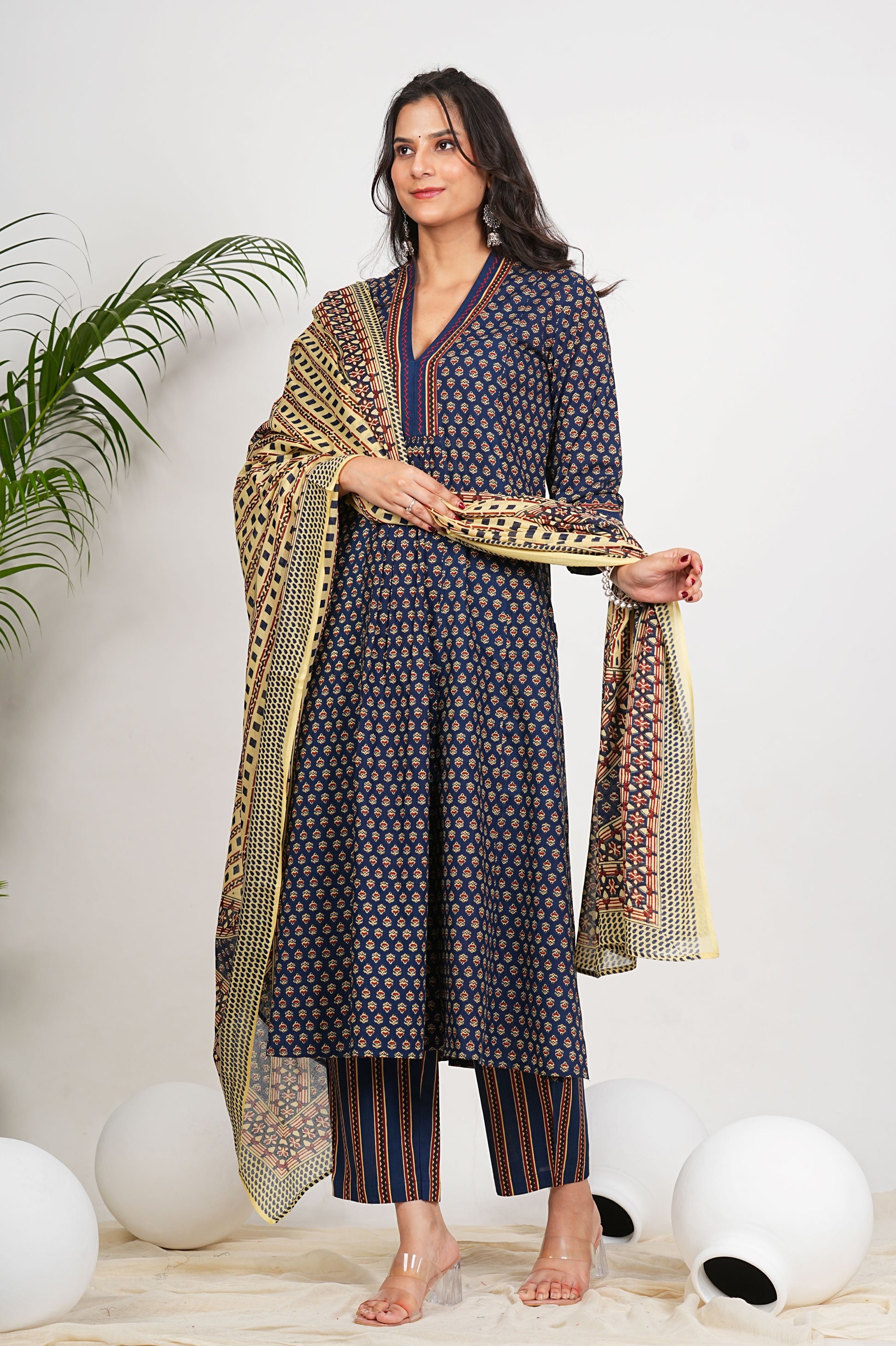 Yash Gallery Women's Printed Cotton Calf Length V-Neck 3/4th Sleeve Straight Kurta Pant And Duptta (Navy)
