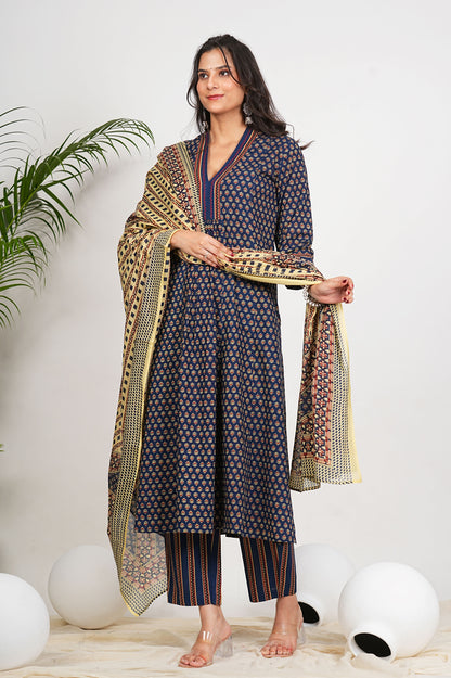 Yash Gallery Women's Printed Cotton Calf Length V-Neck 3/4th Sleeve Straight Kurta Pant And Duptta (Navy)