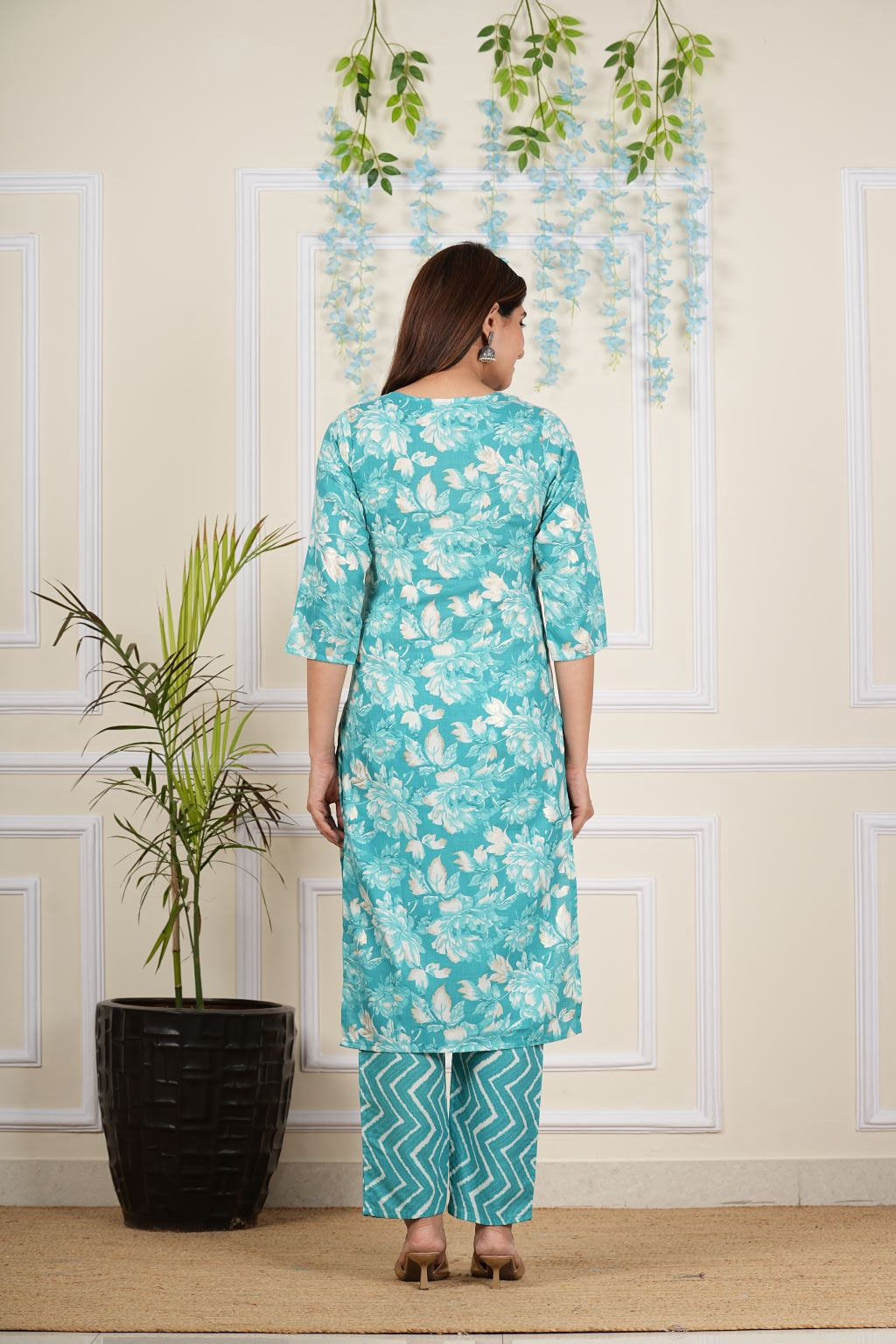 Yash Gallery Women's Cotton cambric Knee Length Embroidered Floral Printed 3/4 th Sleeve Round neck Turquoise Kurta with Pant & Dupatta