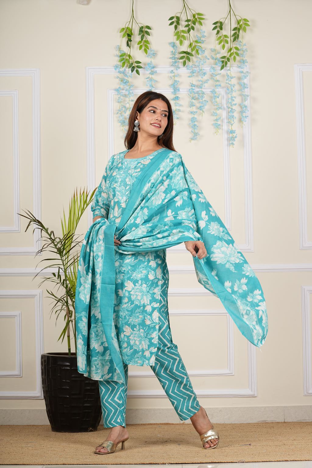 Yash Gallery Women's Cotton cambric Knee Length Embroidered Floral Printed 3/4 th Sleeve Round neck Turquoise Kurta with Pant & Dupatta