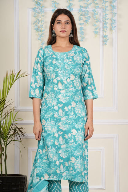 Yash Gallery Women's Cotton cambric Knee Length Embroidered Floral Printed 3/4 th Sleeve Round neck Turquoise Kurta with Pant & Dupatta