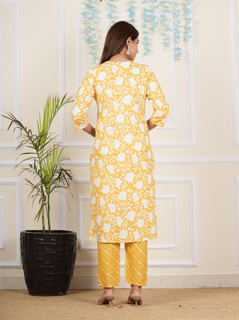 yash gallery womens cotton cambric knee length 3 4th sleeve round neck floral printed embroidered yellow kurta with printed pant dupatta