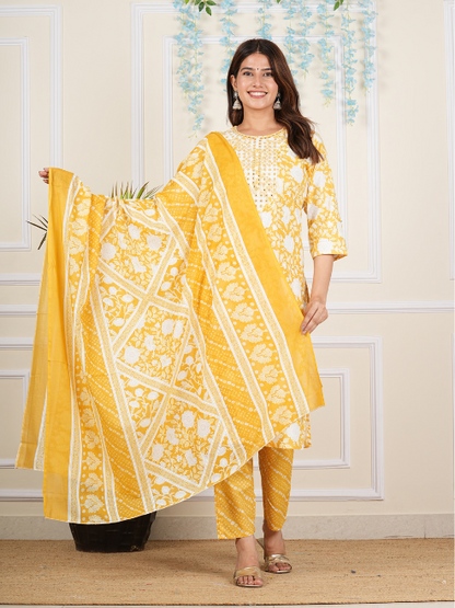 yash gallery womens cotton cambric knee length 3 4th sleeve round neck floral printed embroidered yellow kurta with printed pant dupatta