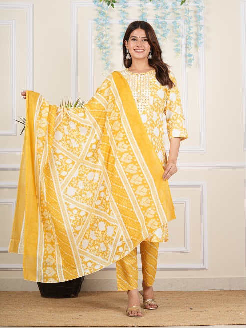 yash gallery womens cotton cambric knee length 3 4th sleeve round neck floral printed embroidered yellow kurta with printed pant dupatta