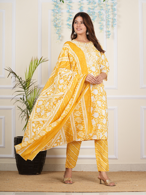 yash gallery womens cotton cambric knee length 3 4th sleeve round neck floral printed embroidered yellow kurta with printed pant dupatta