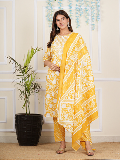 yash gallery womens cotton cambric knee length 3 4th sleeve round neck floral printed embroidered yellow kurta with printed pant dupatta