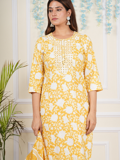 yash gallery womens cotton cambric knee length 3 4th sleeve round neck floral printed embroidered yellow kurta with printed pant dupatta