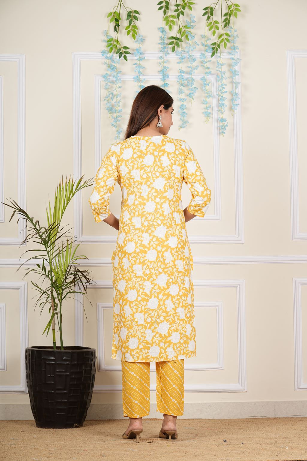 Yash Gallery Women's Cotton cambric Knee Length 3/4th Sleeve Round Neck Floral Printed Embroidered Yellow Kurta with Printed Pant & Dupatta