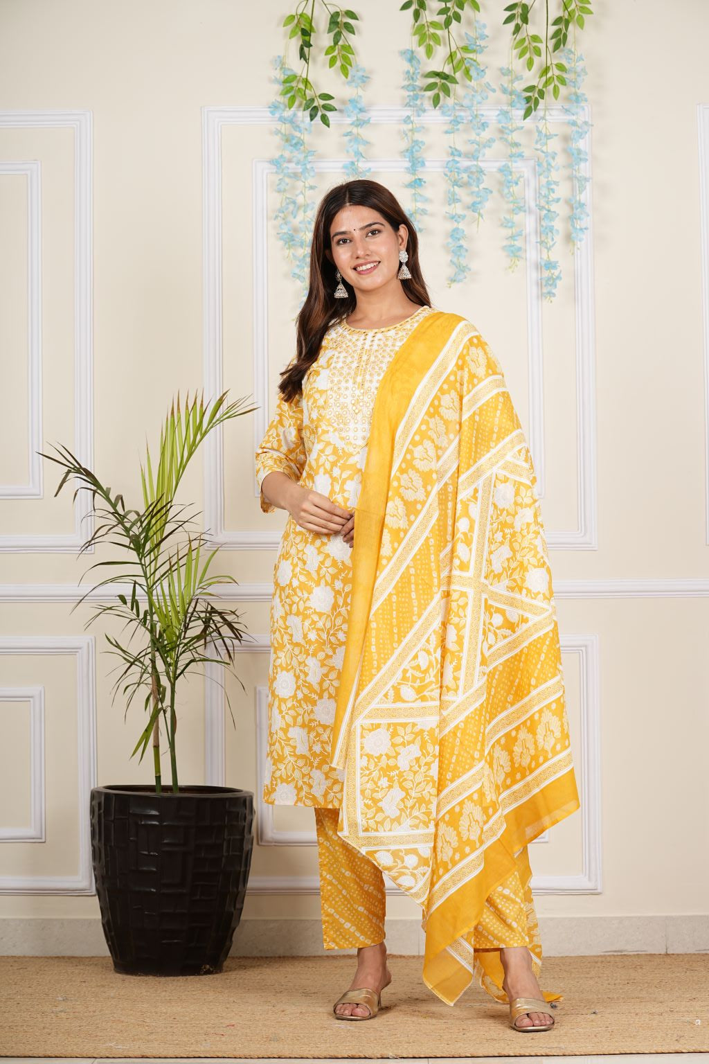 Yash Gallery Women's Cotton cambric Knee Length 3/4th Sleeve Round Neck Floral Printed Embroidered Yellow Kurta with Printed Pant & Dupatta