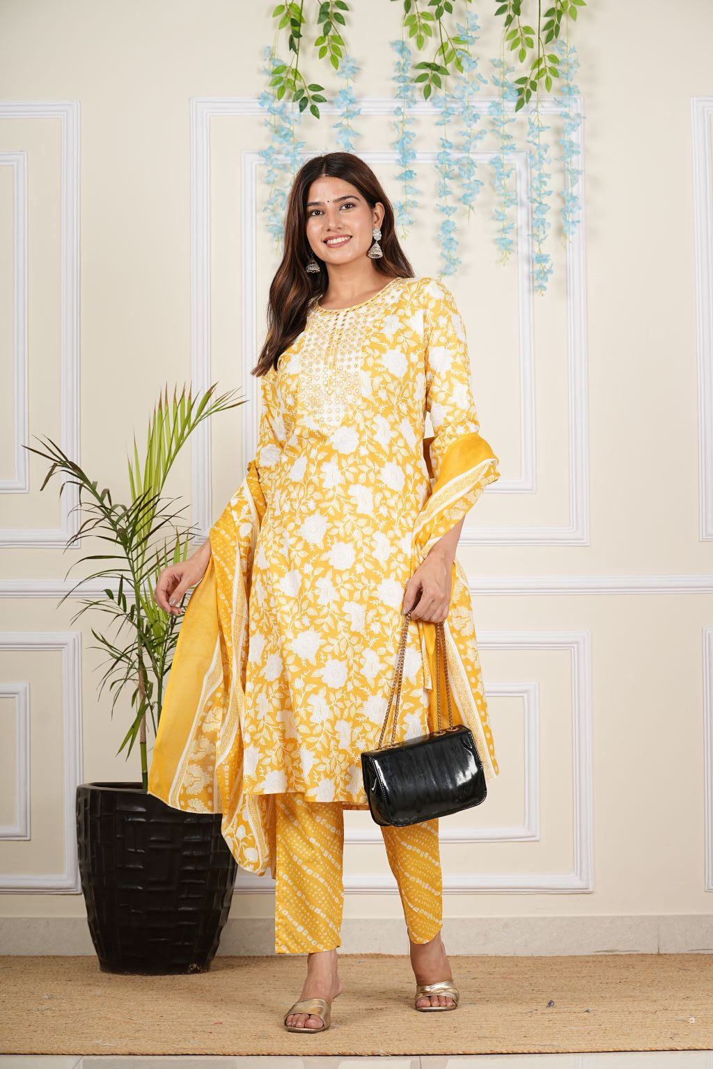 Yash Gallery Women's Cotton cambric Knee Length 3/4th Sleeve Round Neck Floral Printed Embroidered Yellow Kurta with Printed Pant & Dupatta