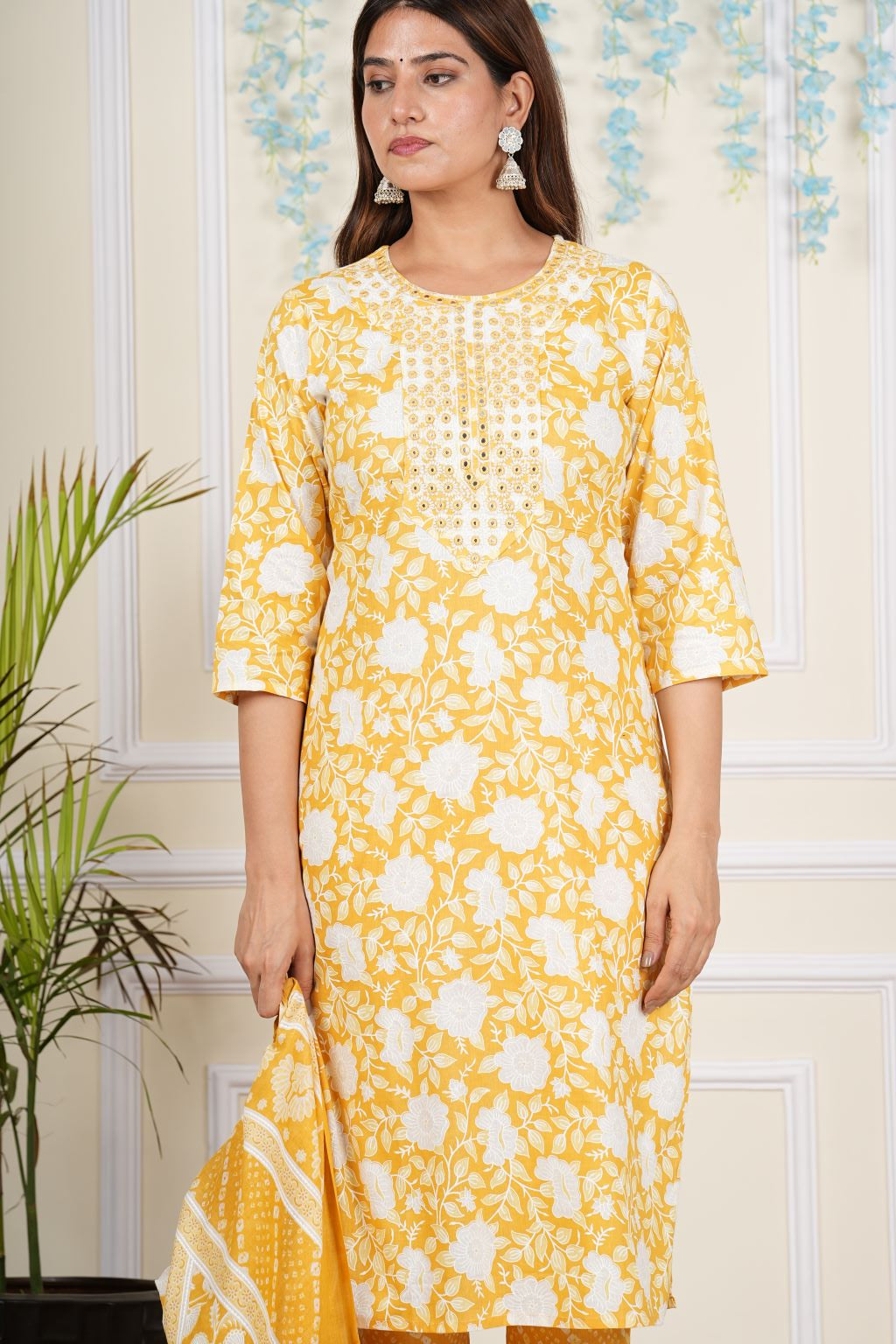 Yash Gallery Women's Cotton cambric Knee Length 3/4th Sleeve Round Neck Floral Printed Embroidered Yellow Kurta with Printed Pant & Dupatta