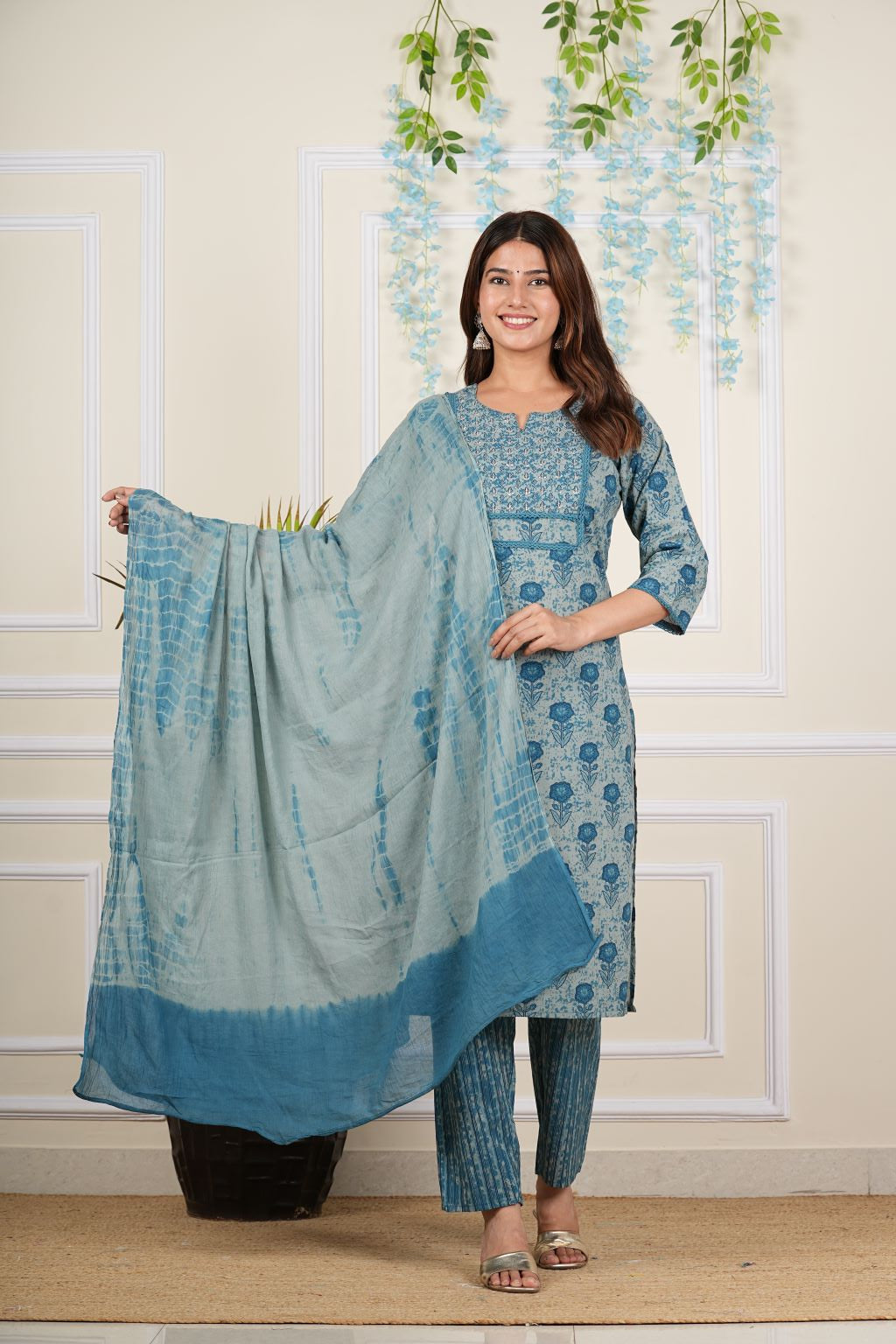 Yash Gallery Women's Cotton Cambric Knee length Key Hole Neck Floral Printed Cut bead Work Regular Fitted Kurta With Pant & Dupatta