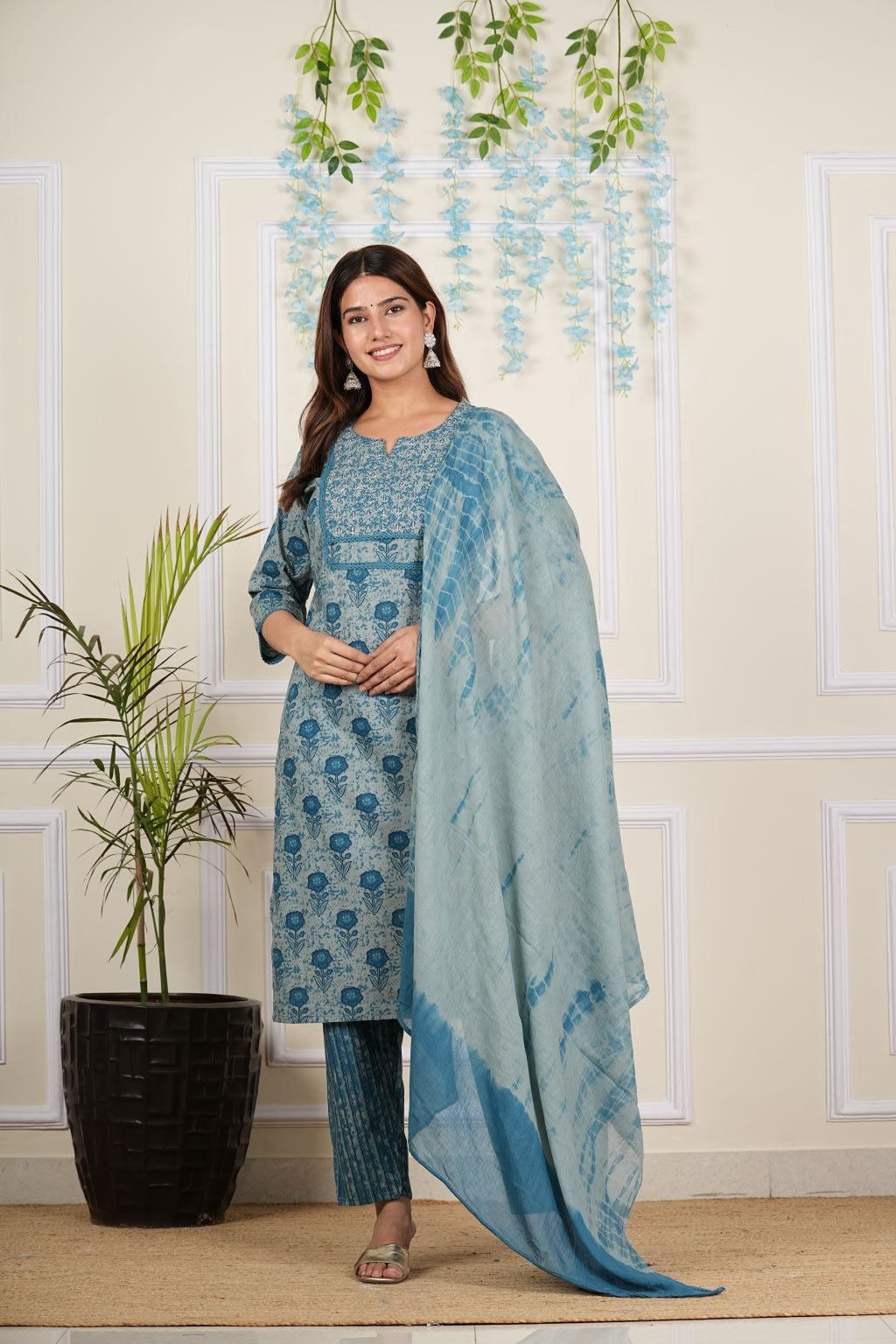 Yash Gallery Women's Cotton Cambric Knee length Key Hole Neck Floral Printed Cut bead Work Regular Fitted Kurta With Pant & Dupatta