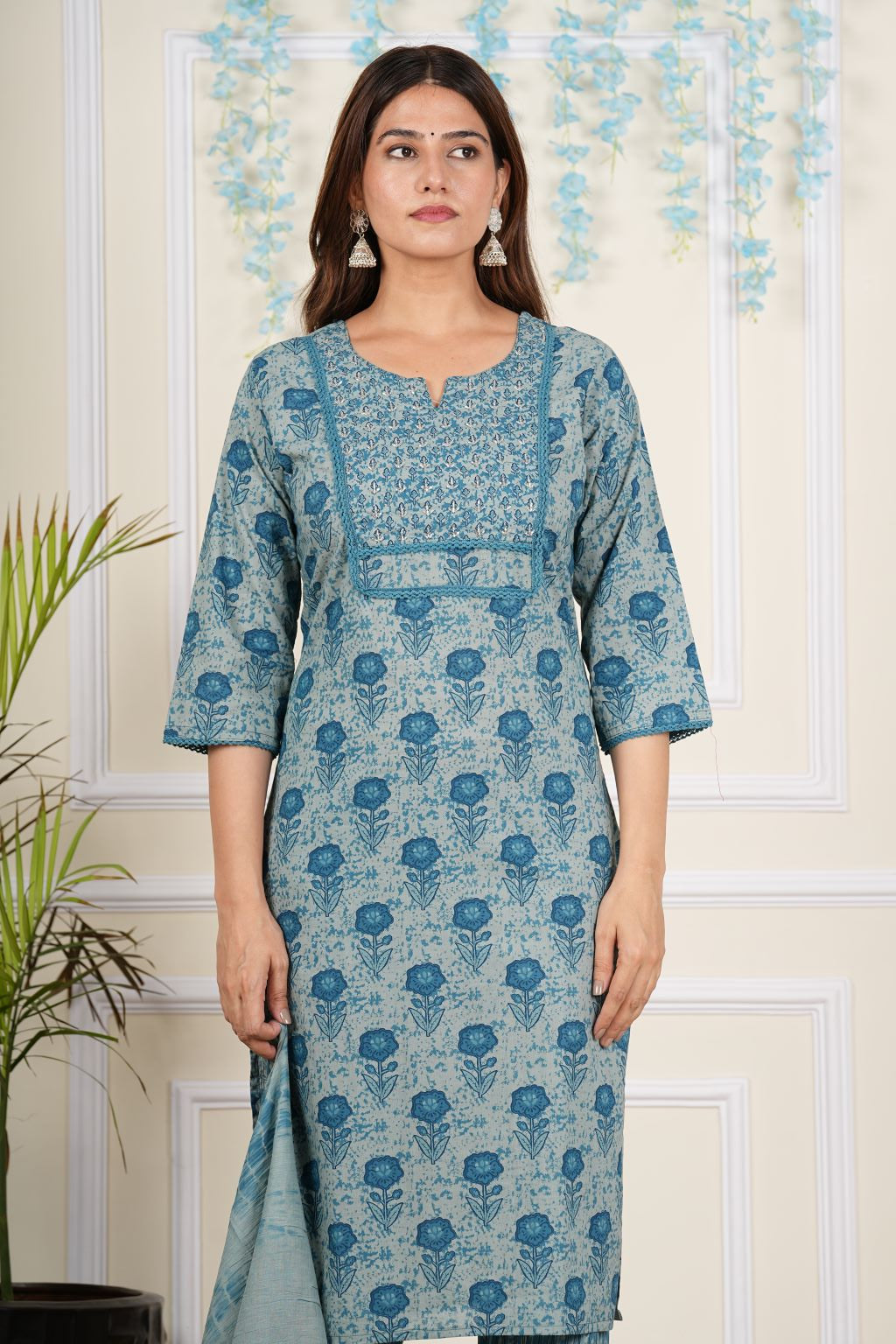 Yash Gallery Women's Cotton Cambric Knee length Key Hole Neck Floral Printed Cut bead Work Regular Fitted Kurta With Pant & Dupatta