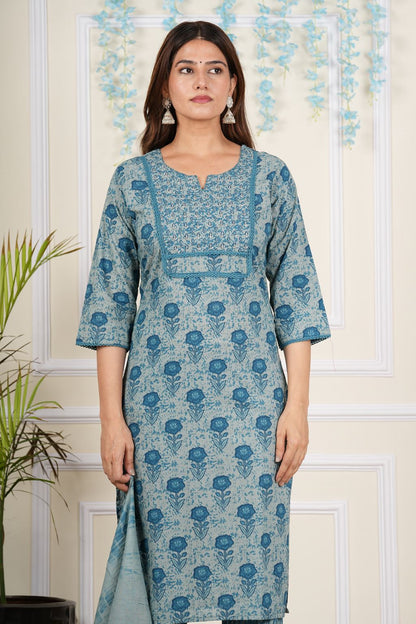 Yash Gallery Women's Cotton Cambric Knee length Key Hole Neck Floral Printed Cut bead Work Regular Fitted Kurta With Pant & Dupatta