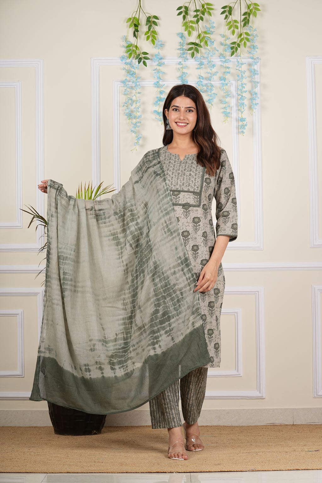 Yash Gallery Women's Cotton Cambric Knee length Key Hole Neck Floral Printed Cut bead Work Regular Fitted Kurta With Stripes Printed Pant & Dupatta
