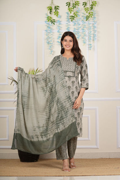 Yash Gallery Women's Cotton Cambric Knee length Key Hole Neck Floral Printed Cut bead Work Regular Fitted Kurta With Stripes Printed Pant & Dupatta