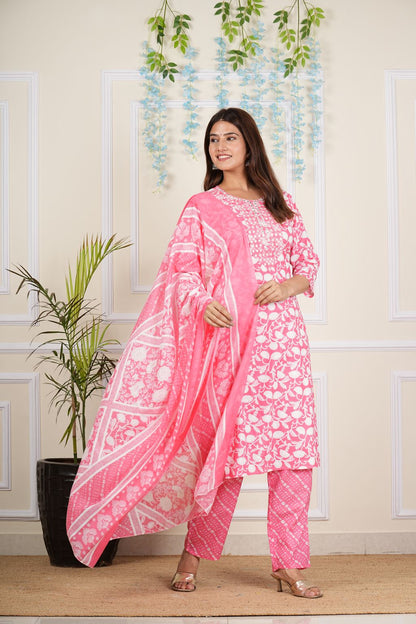 Yash Gallery Women's Cotton Cambric Knee length Round Neck Floral Printed Regular Fitted 3/4th Sleeve Pink Kurta With Printed Pant & Dupatta