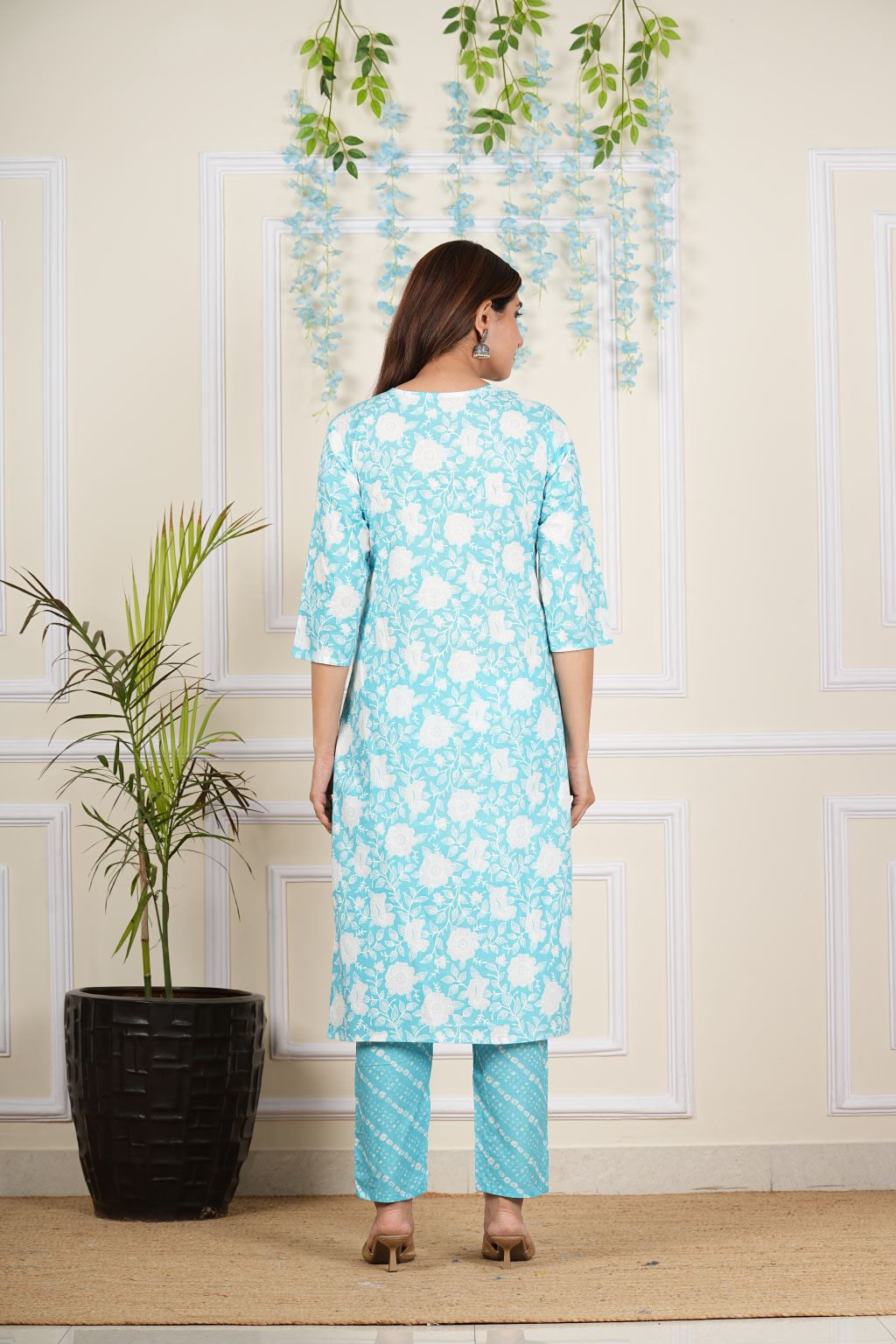 Yash Gallery Women's Cotton Cambric Knee length Round Neck Floral Printed Regular Fitted 3/4th Sleeve Blue Kurta With Printed Pant & Dupatta