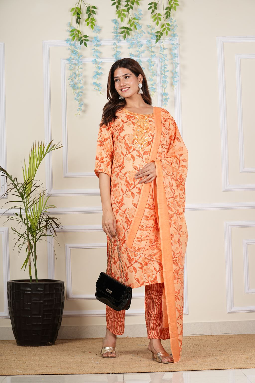 Yash Gallery Women's Cotton Cambric Knee length U Neck Floral Printed Embroidered Regular Fitted 3/4th Sleeve Orange Kurta With Printed Pant & Dupatta