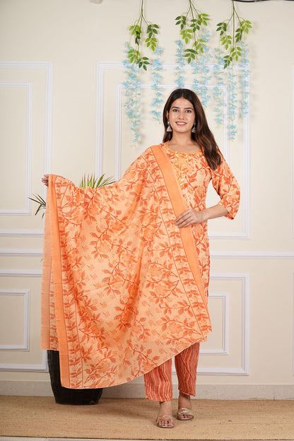 Yash Gallery Women's Cotton Cambric Knee length U Neck Floral Printed Embroidered Regular Fitted 3/4th Sleeve Orange Kurta With Printed Pant & Dupatta