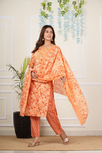 Yash Gallery Women's Cotton Cambric Knee length U Neck Floral Printed Embroidered Regular Fitted 3/4th Sleeve Orange Kurta With Printed Pant & Dupatta