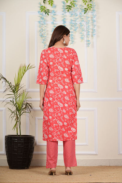 yash gallery womens cotton cambric knee length round neck floral printed embroidered regular fitted 3 4th sleeve red kurta with chevron printed pant dupatta