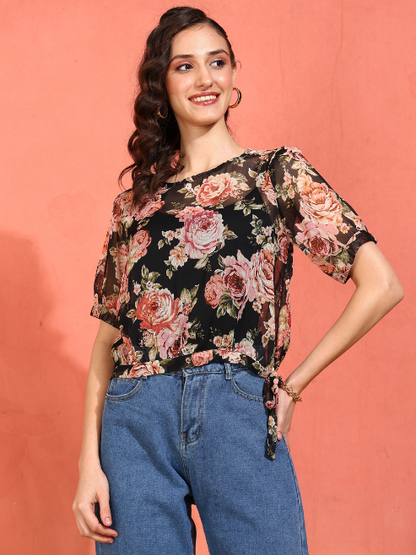 yash gallery womens chiffon floral print round neck puff sleece top black