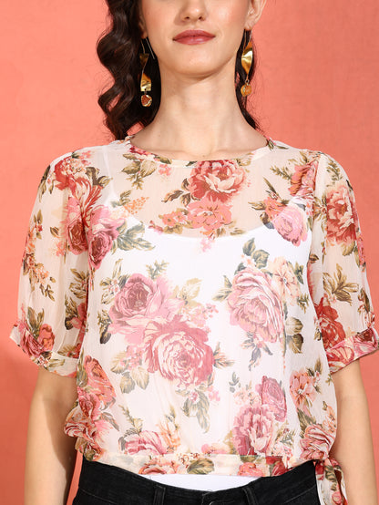 YASH GALLERY Women's  Chiffon  Floral Print  Round Neck Puff Sleece  Top