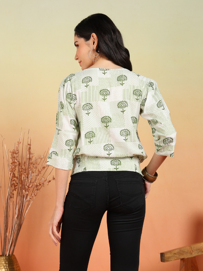 Yash Gallery Women's Rayon Patch Print Smoking Waist Lengtth Round neck 3/4 Puff Sleeves Top