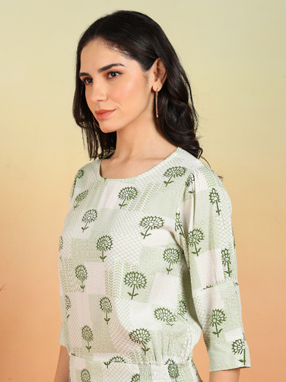 Yash Gallery Women's Rayon Patch Print Smoking Waist Lengtth Round neck 3/4 Puff Sleeves Top