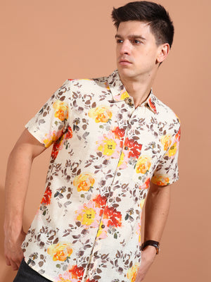 Yash Gallery Men's Cotton Floral Printed Short Sleeve Regular Shirt