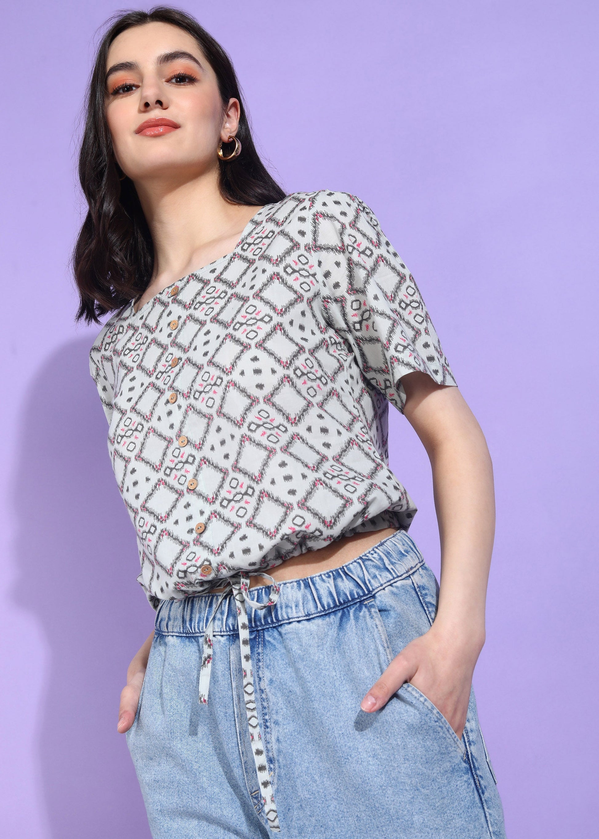 Yash Gallery Women's Cotton Geometrical Print Waist Lengtth Square neck Short Sleeves Regular Fitted Top (Grey)