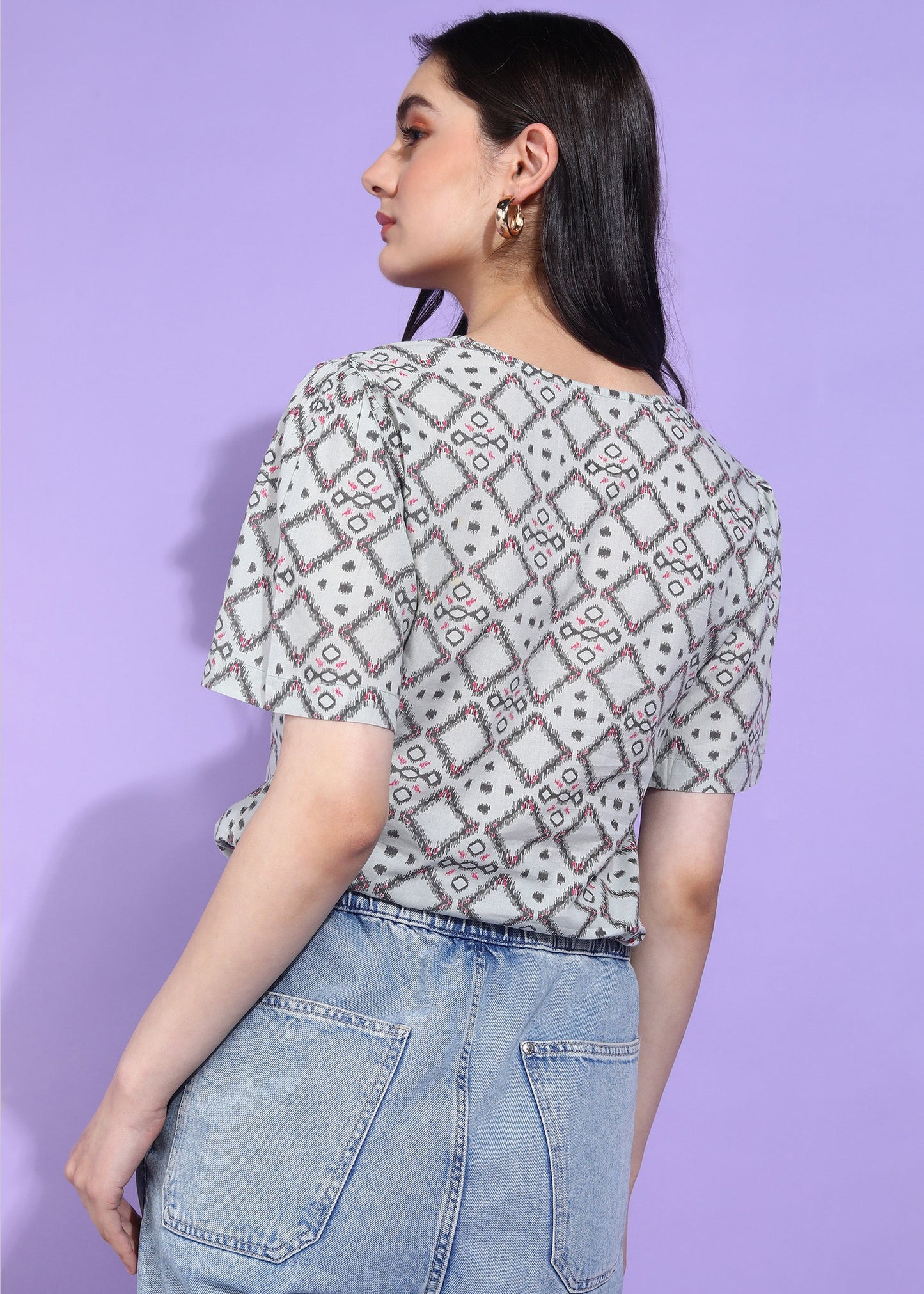 Yash Gallery Women's Cotton Geometrical Print Waist Lengtth Square neck Short Sleeves Regular Fitted Top (Grey)