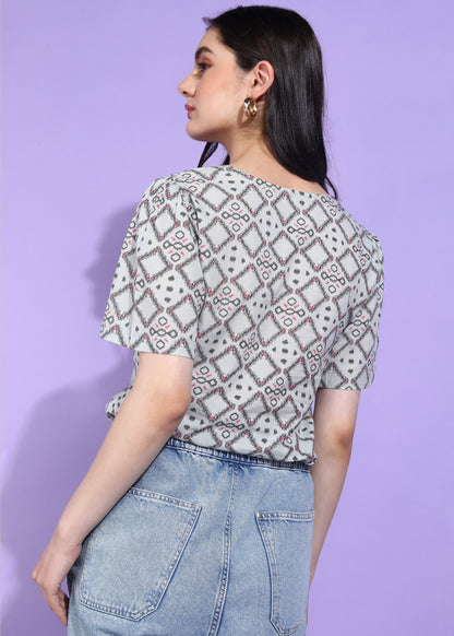 Yash Gallery Women's Cotton Geometrical Print Waist Lengtth Square neck Short Sleeves Regular Fitted Top (Grey)