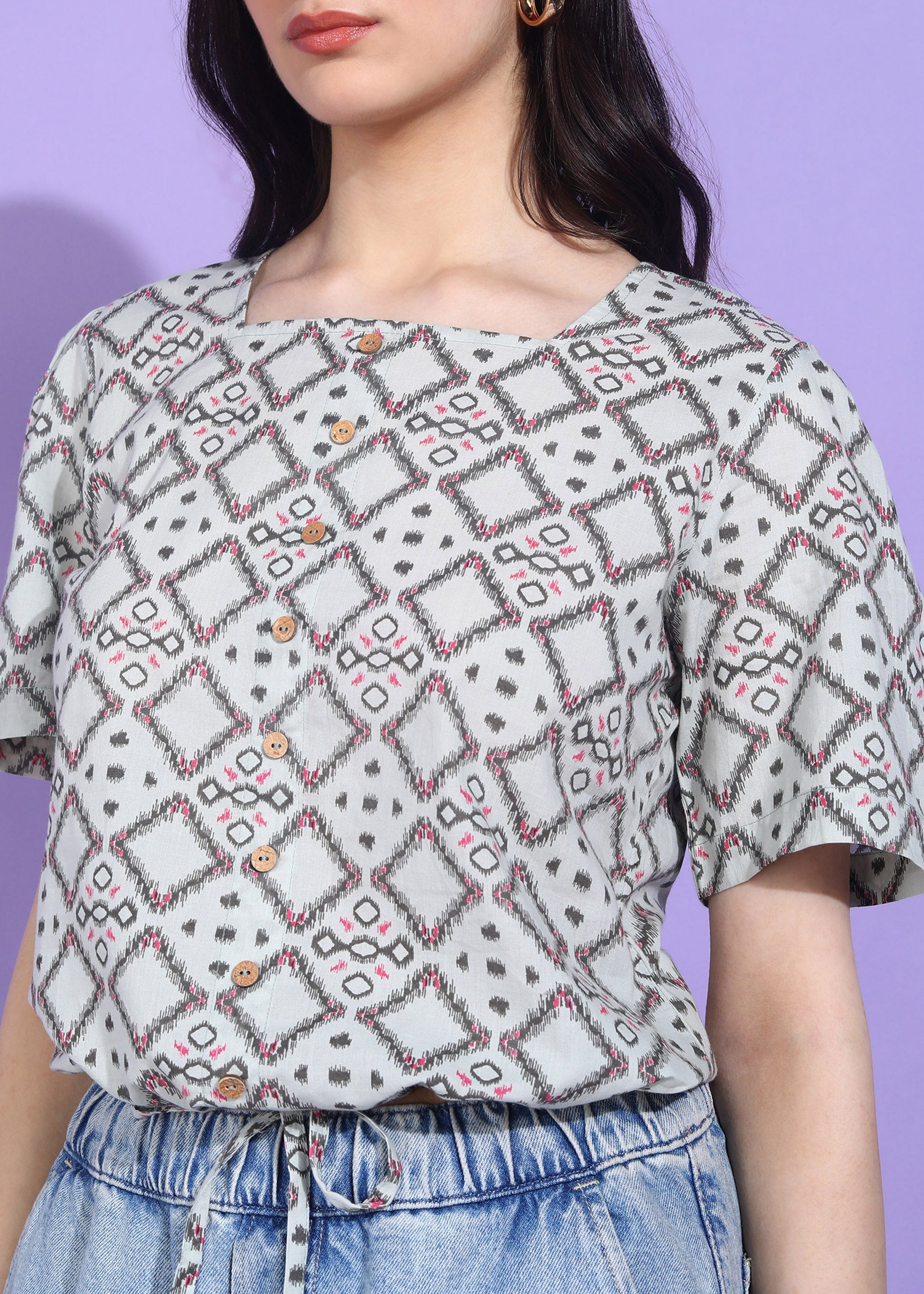 Yash Gallery Women's Cotton Geometrical Print Waist Lengtth Square neck Short Sleeves Regular Fitted Top (Grey)