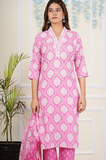 Yash Gallery Women's Cotton Cambric Knee length V-Neck Floral Printed Regular Fitted 3/4th Sleeve Straight Pink Kurta With Printed Pant & Dupatta